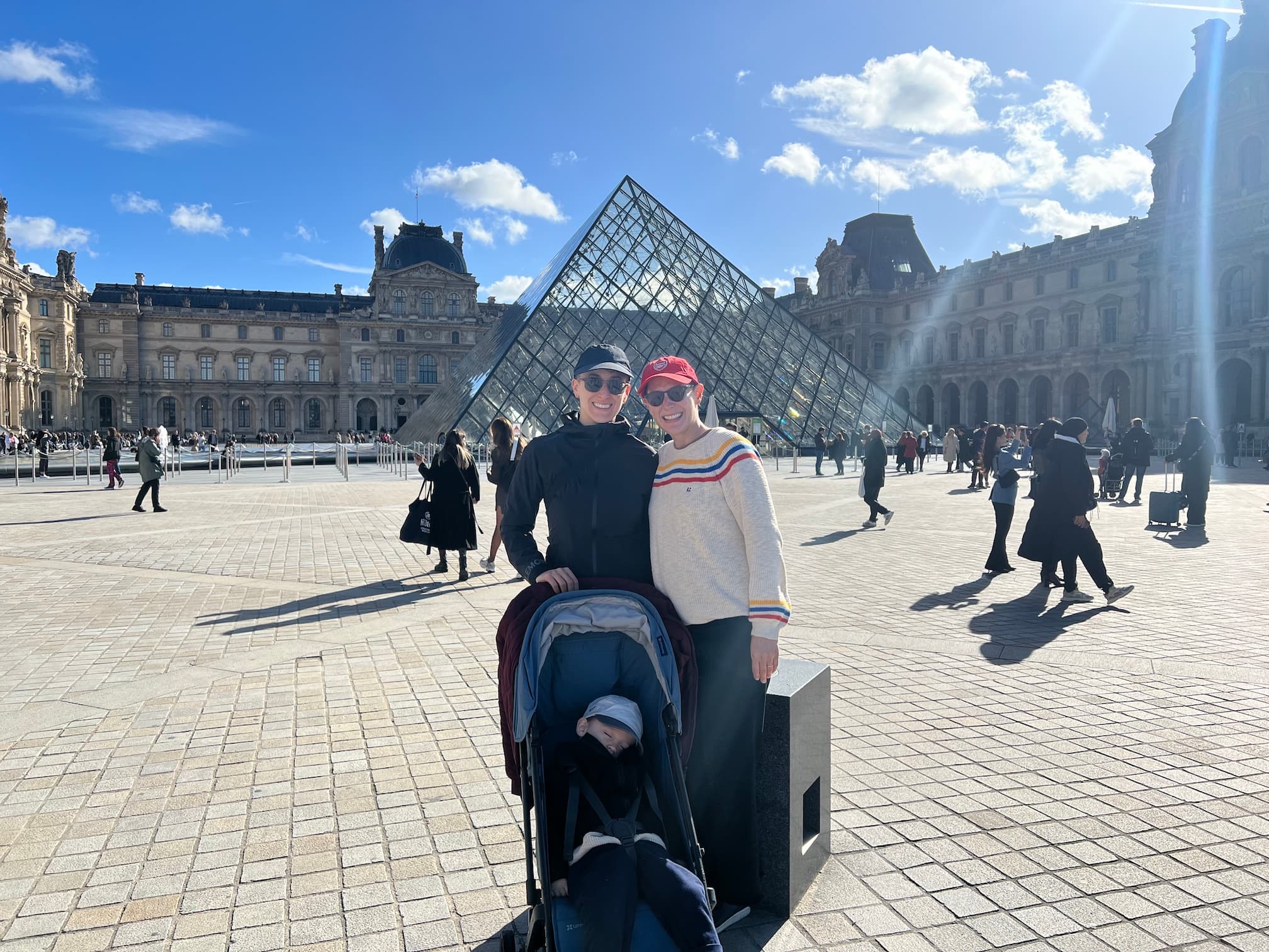 Alessia, Carla and a snoozing Baby O at the Louvre